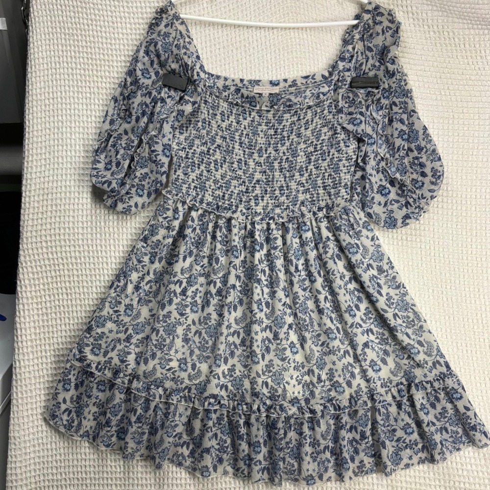 Cottagecore Womens Super Natural Smocked Toile Mini Dress M Blue White